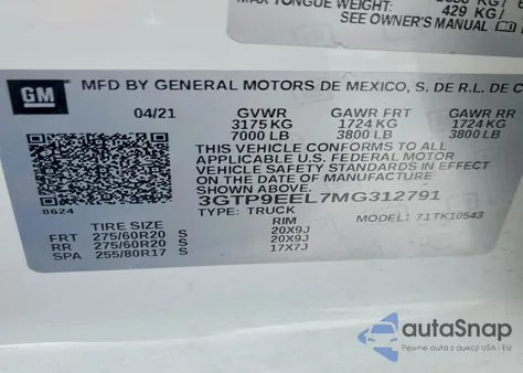 2021 GMC Sierra K1500 At4 z USA, uszkodzony, nr VIN 3GTP9EEL7MG312791